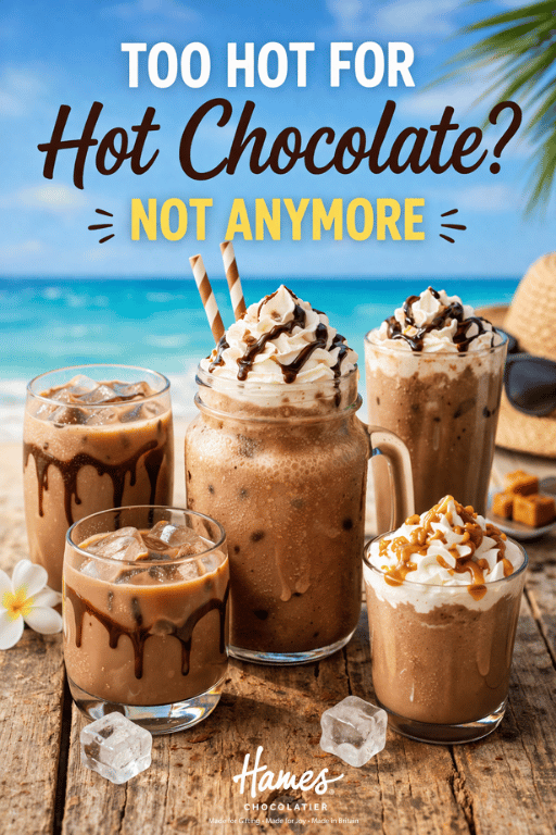 Iced hot chocolate drinks topped with whipped cream and chocolate, perfect for summer