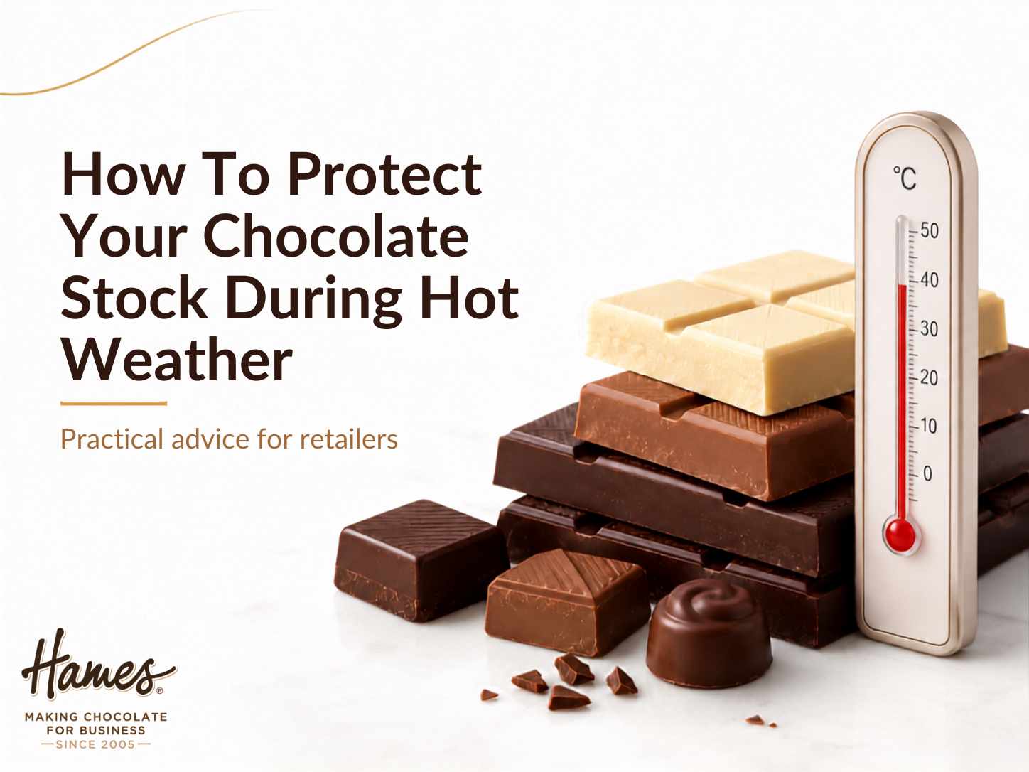 Milk, dark and white chocolate beside a thermometer showing hot weather conditions