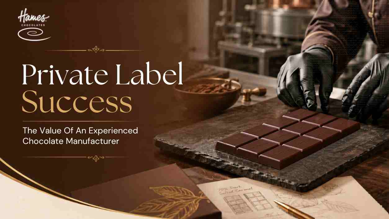 Gloved chocolatier arranging premium chocolate bars and pralines for private label chocolate manufacturing